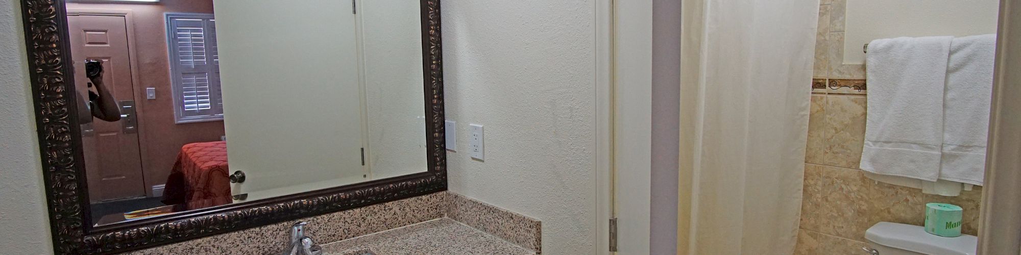 The image shows a bathroom with a sink and countertop on the left, a mirror above it, and a shower-tub combo with a curtain and toilet on the right.