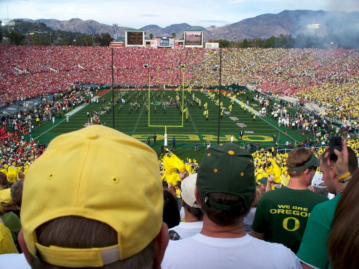 A crowded football stadium with fans in yellow and green watching a game, with a large crowd on the opposite side in red.