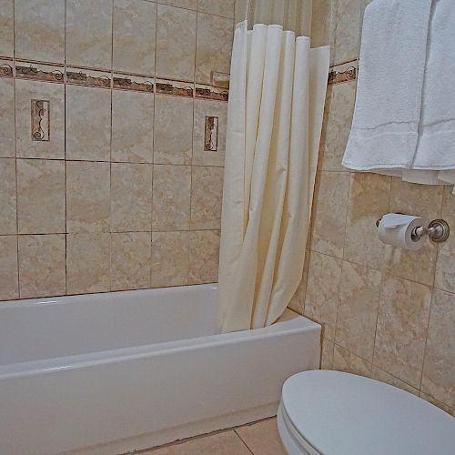 A bathroom with a tiled shower and a bathtub, a curtain, folded towels hanging, a toilet, and a sink with a green soap container is shown.