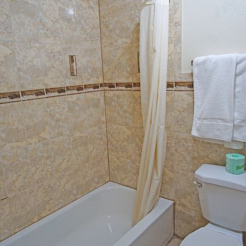 This image shows a bathroom with a bathtub, a shower curtain, a toilet, and two folded white towels hanging on the wall above the toilet.