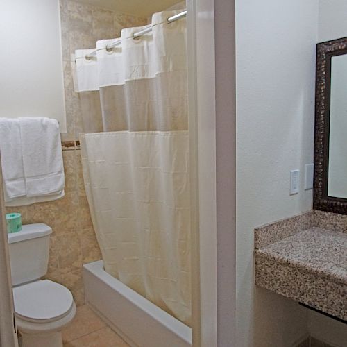 A bathroom featuring a toilet, a shower with a curtain, a towel on a rack, a sink with a granite countertop, and a mirror with a decorative frame.