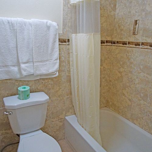 The image shows a bathroom with beige tiled walls, a toilet with a green roll of toilet paper, a towel on a rack, and a bathtub with a shower curtain.